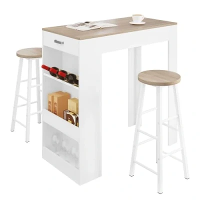 Image de WOLTU Ensemble Table de Bar avec Tabourets, à Manger 100 x 50 cm 2 Chaises 30 71 cm, pour Cuisine, 1 Tiroir et 3 Compartiments Ouverts, Blanc+chêne Clair BT47whe+BH130hei