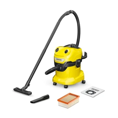 Image de Kärcher Aspirateur Eau et Poussières WD 4 V 20/5/22, Puissance : 1000W, Cuve Polypropylène 20L, Flexible d&#039;Aspiration 2,2m, Soufflerie, Filtre Plissé Plat, Suceurs Sol Fentes, Sachet Ouate