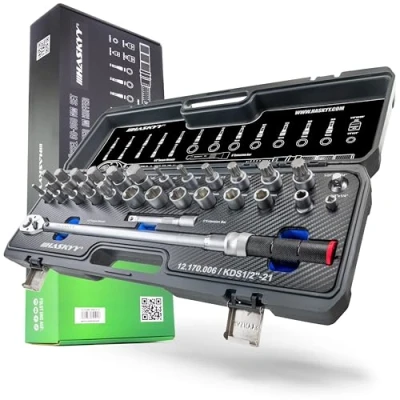 Image de HASKYY Jeu de clés dynamométriques 1/2&quot; 50 à 350 Nm pour voiture avec nombreux accessoires tels que tige d&#039;extension, embouts, inserts d&#039;écrous, adaptateurs