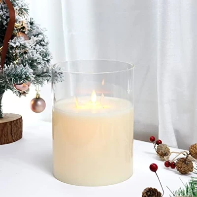 Image de JHY DESIGN 3 Mèches par Bougie lampe avec fonction de temporisation 15 cm diamètre Vraie Cire Transparent Verre mariage decoration Vacillement des Flammes Très Réaliste Blanc Chaud(20cm haut)