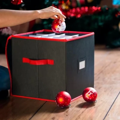 Image de CKB LTD Boîte de rangement pour boules Noël V2 Cube avec compartiments Peut contenir jusqu&#039;à 64 et décorations loft Rouge noir 33 x cm