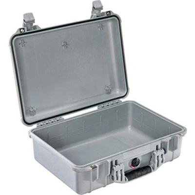 Image de PELI 1500 valise de transport résistante aux chocs, IP67 étanche à l&#039;eau et la poussière, capacité de19L, fabriquée en Allemagne, sans mousse, couleur: argentée