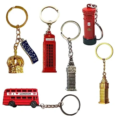 Image de Souvenirs Lot de 6 porte clés en forme bus Londres 3D Big Ben Boîte téléphonique aux lettres métal moulé sous pression, multicolore, approx with chain 14.5 x 10.5 2.5