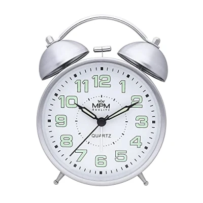 Image de MPM Quality, Réveil Design Cooper Colour Alarm Clock, argenté, décoration analogique rétro, Chiffres Lumineux, Double Alarme, Vintage, Mouvement à Quartz, Fonction veilleuse, 150 x 110 53 mm