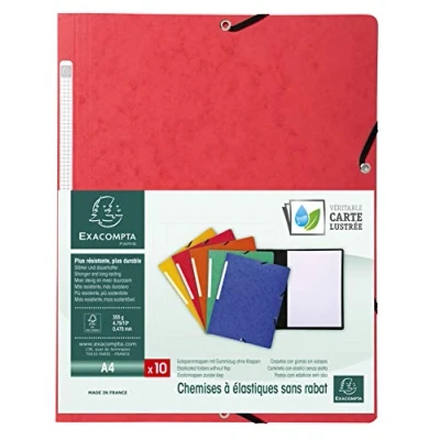 Image de Exacompta Réf. 55415E Paquet de 10 chemises à élastiques sans rabat pochettes en carte lustrée 355 g/m² dimensions 24 x 32 cm pour documents au format A4 couleur rouge