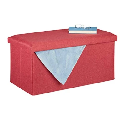 Image de relaxdays Banquette, Rangement, Effet Lin, rembourré, entrée, Chambre à Coucher, Coffre HlP 38x76,5x38,5 cm, Rouge, Polyester, MDF, Mousse, 1 élément