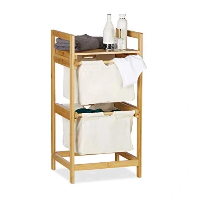 Image de Relaxdays, nature Panier bambou, 2 sacs, 25 L, tiroirs, surface de rangement, coffre à linge, polyester, 1 élément