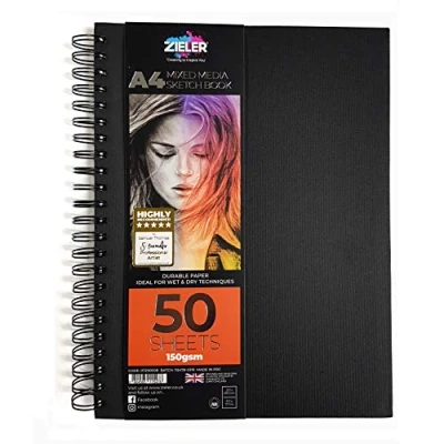 Image de Carnet de croquis supports mixtes à spirale 150 g/m², 50 Feuilles Zieler. À utiliser avec les crayons, le fusain, graphite, pastels et l&#039;aquarelle légère. perforées (A4))