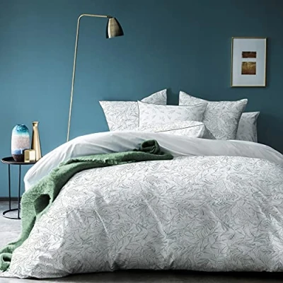 Image de MATT &amp; ROSE Esprit BOTANIQUE Parure de lit 2 Personnes 100% Coton Oeko TEX Housse Couette 240x220cm + Taies d&#039;oreiller 65x65cm Imprimé Mixte Blanc