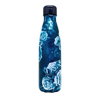 Image de NERTHUS Fih 776 Bouteille Double Paroi Motif Fleurs Bleu 500 ML, Acier Inoxydable, sans Bpa, 18/8
