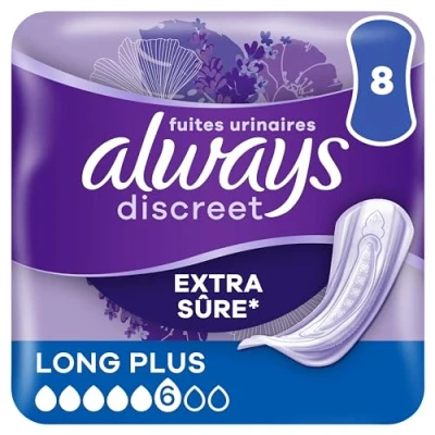 Image de Always Discreet Serviettes Pour Fuites Urinaires Femmes Long Plus 8 Protection Extra Sûre Et Discrétion Optimale