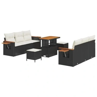 Image de Ensemble de canapé jardin 9 pièces avec coussins en poly rotin noir 3363130