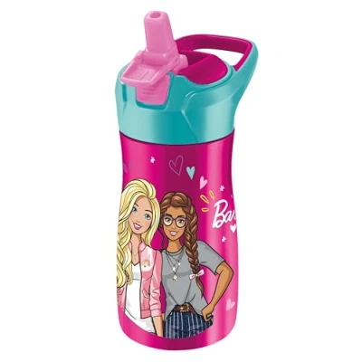 Image de Maped Picnik Gourde Acier Inoxydable Barbie Système Automatique à Paille, avec Bouton de Verrouillage Poignée Transport Licence Officielle 430 ml, Rose