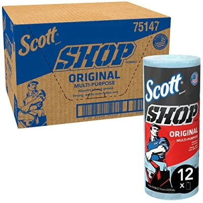 Image de essuie mains Scott Shop Towels Original 75147 bleus pour essuyage intensif 12 paquets de 1 rouleau bleu 55 jetables (total 660 mains)