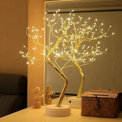 Image de XhuangTech Bonsaï lumineux de table avec 108 LED en fil cuivre, fonctionne piles/USB, lampe d&#039;arbre artificiel pour chambre à coucher, bureau, fête Noël (blanc chaud branche dorée)