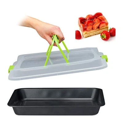 Image de Relaxdays Plat four avec couvercle, transport gâteaux 3 en 1, LxP 40,5x32,5 cm, bord haut, plaque, vert/noir