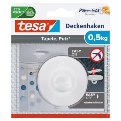 Image de tesa crochet de plafond auto adhésif montage d&#039;objets décoratifs supporte jusqu&#039;à 0,5 kg/crochet s&#039;enlève sans laisser traces 77781 Blanc