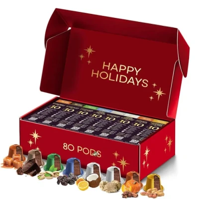 Image de La Natura Lifestyle AROMA BOX, 80 capsules de café compatibles avec les machines à Nespresso, 8 SAVEURS uniques, caramel, chocolat, pistache, coco, rhum, truffe, potiron, cacahuète