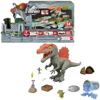 Image de Mattel Jurassic World Spinosaurus Démolisseur de Cage Figurine articulée et jouet à déballer, sable, gel pâte modeler, jeu d&#039;évasion, découverte sauvetage, HTP71