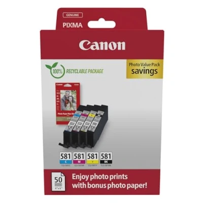 Image de Canon CLI 581 Lot de 4 Cartouches d&#039;encre Authentiques (Noir, Cyan, Magenta, Jaune) ; Comprend 50 Feuilles Papier Photo 10 x 15 cm Multipack en Carton