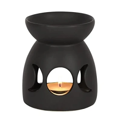 Image de Enchanteur brûleur à huile en céramique noire triple lune découpée 10,5 cm x 9 (1 pièce) Design luxueux, matériau de qualité supérieure, accessoire d&#039;aromathérapie Idéal pour la décoration