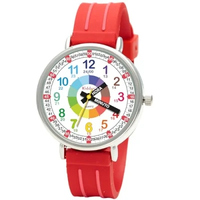 Image de Kiddus Montre Bracelet Éducative pour Enfants, Fille, garçon. Time Teacher Analogique avec Exercices. Facile d’Apprendre à Lire l’Heure. Conçu Barcelona. Español Rojo