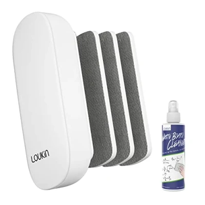 Image de loukin Effaceur magnétique remplaçable pour tableau blanc avec 3 patins en feutre remplaçables, effaceurs 4 1 (blanc), nettoyant de 96,4 g inclus