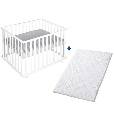 Image de roba Parc Bébé Rectangulaire Style 75x100 + Matelas et Tapis de en Gris Argenté Roulettes avec Frein Bois Blanc