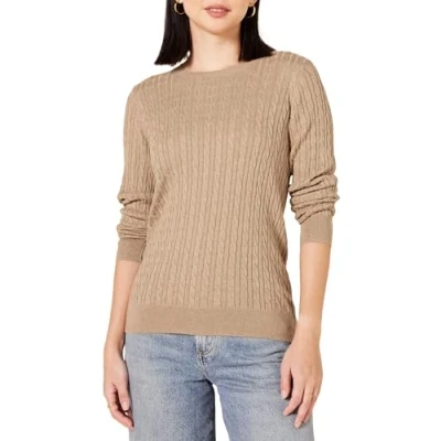 Image de Amazon Essentials Pull Torsadé Léger À Col Rond Et Manches Longues (Disponible En Grande Taille) Femme, Fauve Chiné, XL taille