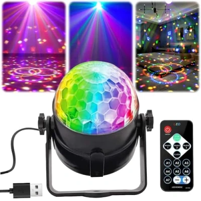 Image de Boule disco lumière activée par le son Avec télécommande Câble USB rotatif à 360 Pour enfants, fête, Halloween, Noël, effets de dynamiques RVB 1 pièce