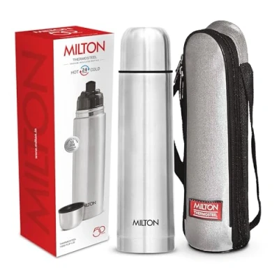 Image de MILTON Flip Lid 1000 Thermosteel Bouteille d&#039;eau chaude et froide 24 heures avec sac, 1 pièce, litre, argent Anti fuite de bureau gym Accueil Cuisine Randonnée voyage