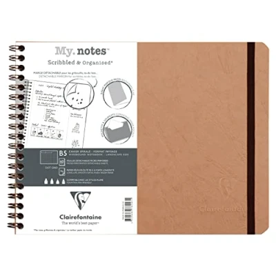 Image de Clairefontaine 78243C Age Bag Un Cahier à Spirale Marges Détachables MyNotes Tabac B5 paysage 25x19 cm 120 Pages DOT Papier Blanc 90 g Couverture Carte Lustrée Grain Cuir