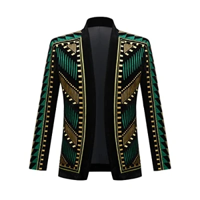 Image de PYJTRL Blazer élégant en Velours Noir avec Broderie dorée pour Homme (2XL, Vert Doré)