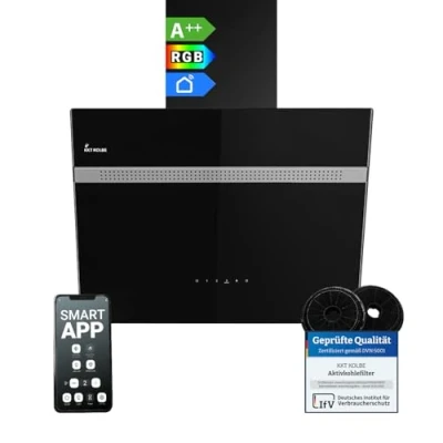 Image de KKT KOLBE Hotte aspirante 60 cm Montage mural Noir Verre Application intelligente WiFi Éclairage LED RGBW Commande tactile ALPINA609HC