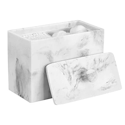 Image de Luxspire Boîte à Coton Tige en Résine avec Couvercle et 2 Compartiments, Porte Écouvillon de Rectangulaire, Stockage Conteneur pour Maquillage dans Salle Bain Blanc