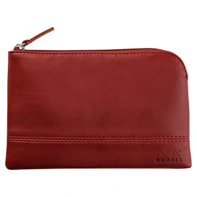 Image de RHODIA 116527C Pochette Zippée en Simili Cuir Lie de Vin Taille S (11 x 17 cm) Coutures Véritables Intérieur Tissu Orange Rangement Documents, Petites Fournitures