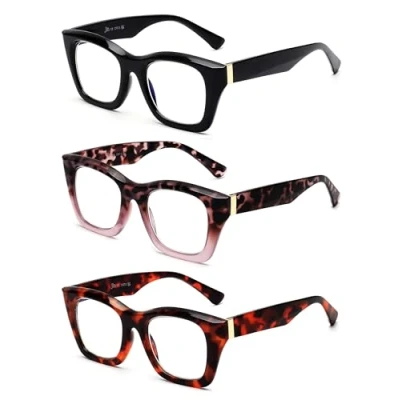Image de JM 3 Pack Lunettes de lecture carrées surdimensionnées pour femmes, lecteurs d&#039;ordinateur bloquant la lumière bleue Style Oprah à mode +2.5