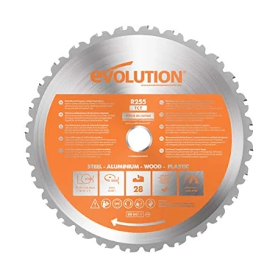 Image de Evolution Power Tools Lame En Carbure De Tungstène Coupe Multi Matériaux, Les Métaux, Bois, Plastique Et Plus Encore, Pour Scies À Onglets Table, 28 Dents 255mm R255TCT 28T