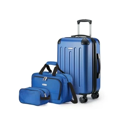 Image de Amazon Basics Ensemble de Bagages Rigides, 3 Pièces, Bagage Cabine, Sac Fourre Tout, Voyage Compact, Extensible, 4 roulettes Pivotantes, Bleu Marine