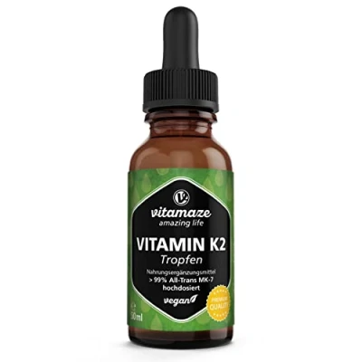Image de Vitamine K2 Gouttes 200 mcg à Forte Dose de par Quotidienne, Ménaquinone MK 7 Vegan &amp; Liquide (&gt; 99% Forme All Trans), 50 ml (1700 Gouttes), pas d&#039;Additifs Nutiles