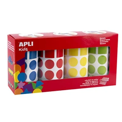 Image de Apli 18804 Lot de 4 rouleaux gommettes (bleu, rouge, jaune et vert) aux formes géométriques assorties (ronds, carrés, rectangles triangles) 20 mm diamètre Adhésif permanent
