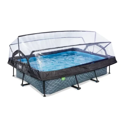 Image de EXIT Toys Piscine Tubulaire Stone avec Dôme Multifonctionnel 300x200x65cm Hors Sol Rectangulaire Pompe Filtrante Entrée Basse pour l&#039;eau de la Propre et Chaude Grise