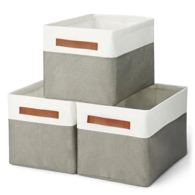 Image de Amazon Basics Lot de 3 bacs rangement pliables avec poignées en cuir, anthracite, Taille L