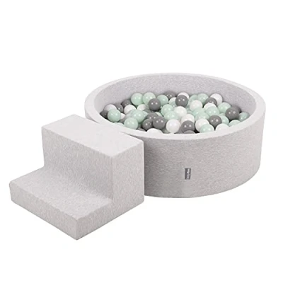 Image de KiddyMoon Aire De Jeux en Mousse avec Rond Piscine À Balles (100 Balles) pour Enfants, Gris Clair: Blanc/Gris/Menthe
