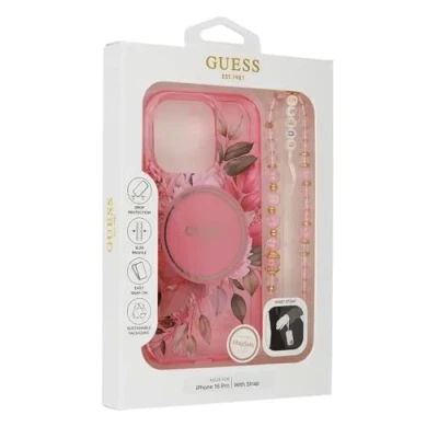 Image de Étui Guess pour iPhone 16 Pro Max 6.9 rose étui rigide IML Flowers With Pearl Strap MagSafe Neuf
