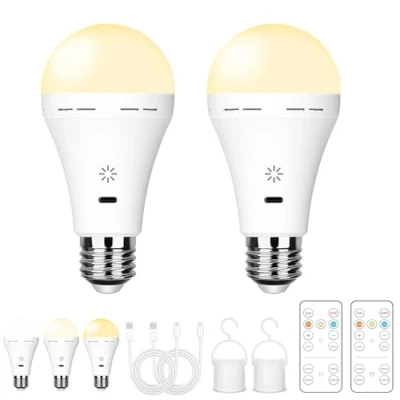 Image de Ampoule Rechargeable USB Avec Télécommande, 3 Température de Couleur, E27 Led Dimmable Batterie, 7W Ampoules Touch Control Minuterie, Secours Crochet, 2600mAh,2 pack