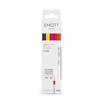 Image de Uni ball Emott Mitsubishi Pencil Pochette de 5 Feutres Passion Colors Pour Écrire, Dessiner, Tracer avec Style! Pointe Fine 0,4 mm Rouge, Rose Fuchsia, Rose, Jaune Citron, Orange Fonce