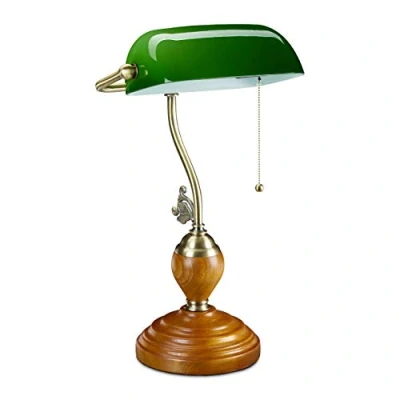 Image de relaxdays Lampe de banquier interrupteur à tirette, abat jour inclinable, socle bois, design retro, douille E27, bureau 10034424 Vert