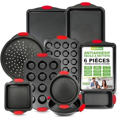 Image de NutriChef Moules à Pâtisserie, Lot de 10 Pièces avec Poignées en Silicone, Set Antiadhésif, Plaques Cuisson Acier au Carbone Flexible et Antiadhésif,Passe four, Noir