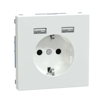 Image de Schneider Electric Merten MEG2366 6035 prise de courant avec port USB type A+A System Design Blanc lotus, Schuko encastrée, contact protection, convient pour smartphone, tablette